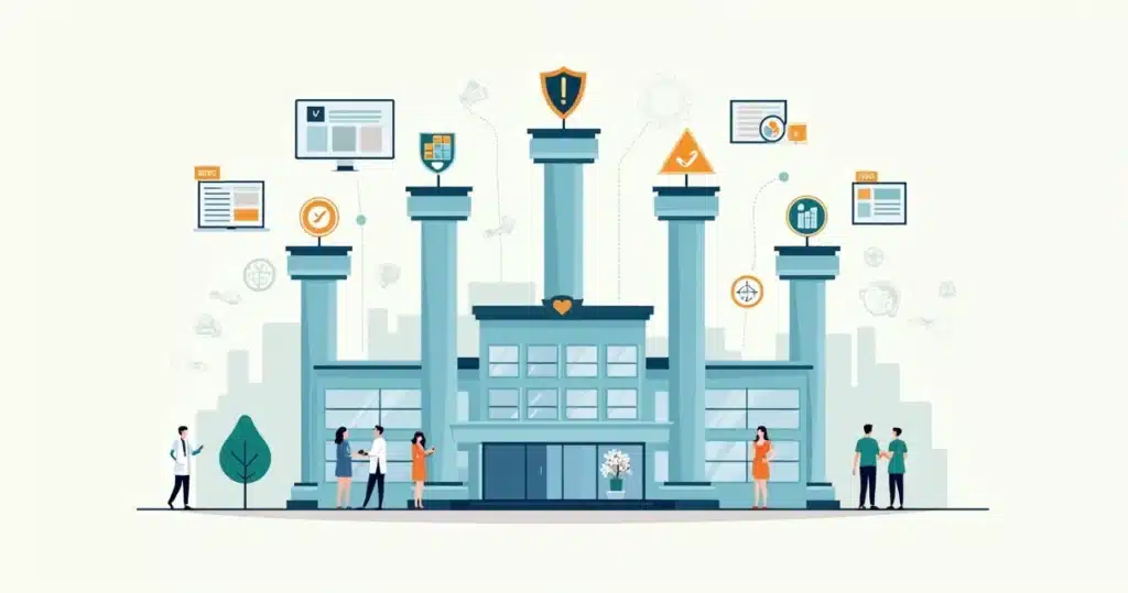 Ilustração de pilares coloridos representando auditoria clínica em hospital digital