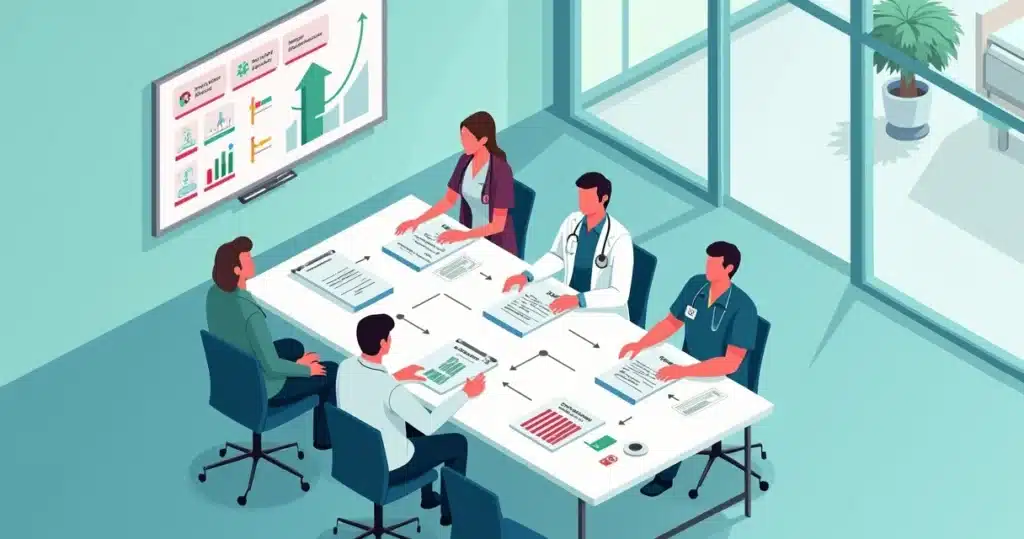 Profissionais de saúde elaborando plano de ação de auditoria clínica em hospital