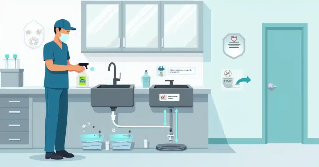 Profissional de saúde higienizando pia hospitalar com foco na prevenção de contaminação em pias e ralos