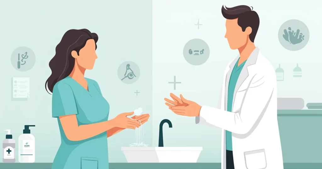 Profissional de saúde higienizando as mãos e cuidando das unhas curtas