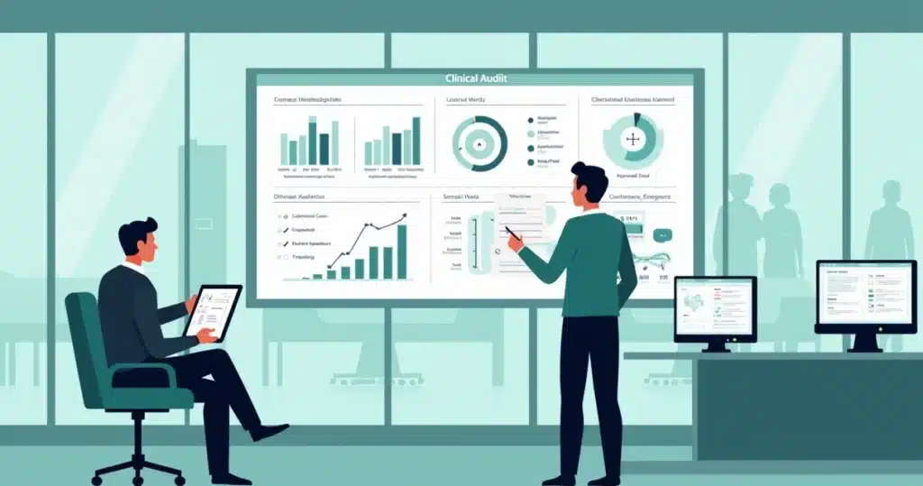 Ilustração de painel digital de auditoria clínica hospitalar em tela grande