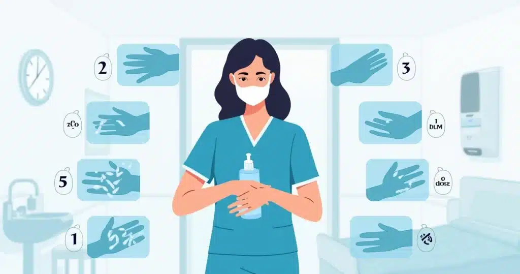 Profissional de saúde aplicando antisséptico nas mãos em técnica correta de fricção.
