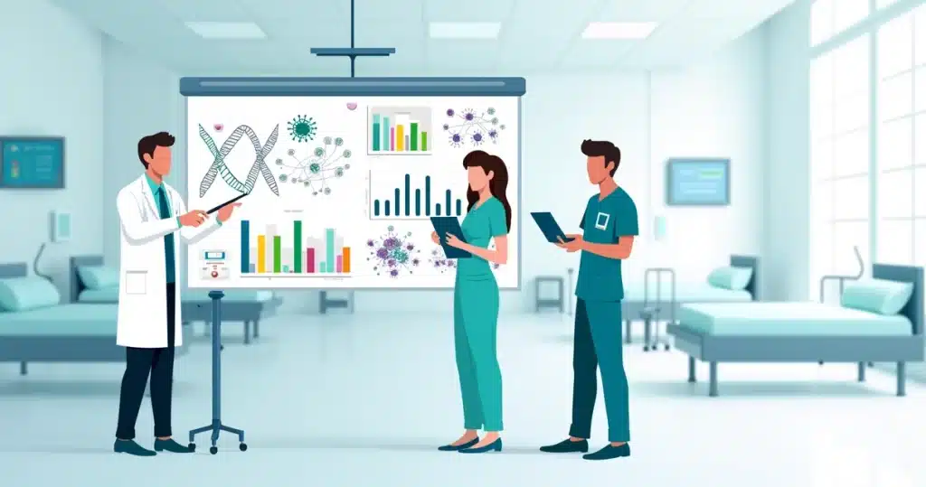 Equipe de saúde analisando dados genômicos em hospital