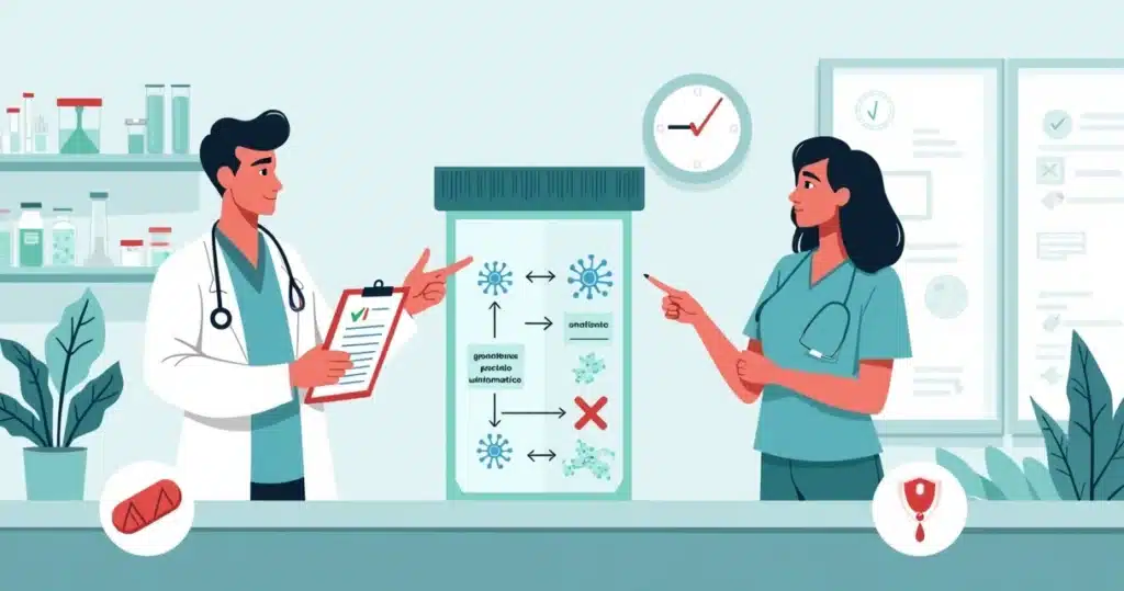 Ilustração de médicos avaliando resultados de exame de urina em cenário clínico