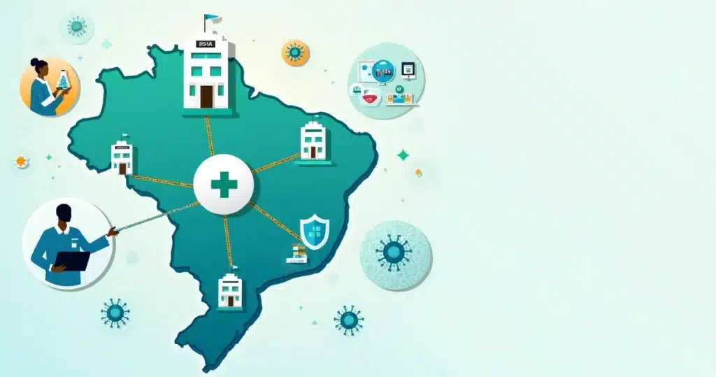 Mapa ilustrado de hospital conectado em rede nacional de controle de surtos